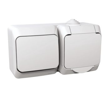   Schneider Electric Cedar Plus WDE000500 IP44 vízmentes kombináció, földelt csatlakozóaljzat (dugalj), csapófedéllel, 2P+F + egypólusú kapcsoló (101), fehér színben, komplett szerelvény, falon kívül, vízmentes (IP44) 16A 250 ( WDE000500 ).