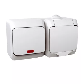   Schneider Electric Cedar Plus WDE000501 IP44 vízmentes kombináció, földelt csatlakozóaljzat (dugalj), csapófedéllel, 2P+F + egypólusú jelzőfényes kapcsoló (101), fehér színben, komplett szerelvény, falon kívül, vízmentes (IP44) 16A 250 ( WDE000501 ).