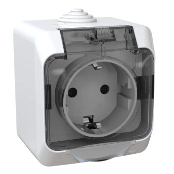   Schneider Electric Cedar Plus WDE000544 IP44 vízmentes földelt csatlakozóaljzat (dugalj) gyermekvédelemmel, csapófedéllel, 2P+F, fehér színben, komplett szerelvény, falon kívül, vízmentes (IP44) 16A 250 ( WDE000544 ).