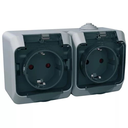 Schneider Electric Cedar Plus WDE000625 falon kívüli 2x2P+F csatlakozóaljzat, biztonsági zsaluval és átlátszó csapófedéllel – 16 A, 250 V AC – IP44 – szürke színben