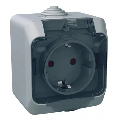 Schneider Electric Cedar Plus WDE000643 falon kívüli 2P+F csatlakozóaljzat, biztonsági zsaluval és átlátszó csapófedéllel – 16 A, 250 V AC – IP44 – szürke színben
