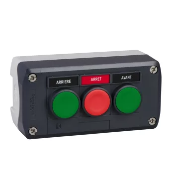   Schneider XALD311 Harmony XALD tokozott nyomógomb, 2 zöld - 1 piros nyomógomb, 1NO+1NC, "Avant" "Arrét" "Arriére" felirati címkék