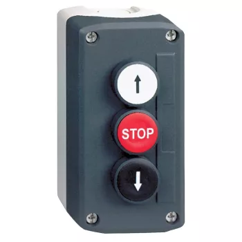   Schneider XALD326 Harmony XALD tokozott nyomógomb, 1 fehér - 1 piros - 1 fekete, 2NO+1NC, fel és le nyíl, "Stop" feliratok