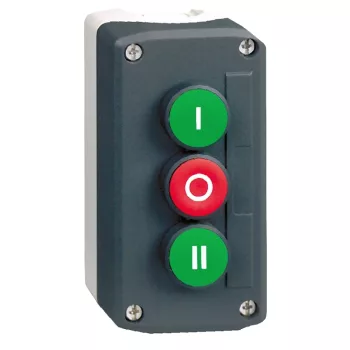   Schneider XALD339 Harmony XALD tokozott nyomógomb, 1 fehér - 1 piros - 1 fekete, 2NO+1NC, "I" "O" "II" feliratok