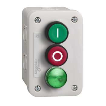   Schneider Electric XALE33V1M Harmony XALE tokozott nyomógomb állomás, 1 zöld "I", 1 piros "O", 1 zöld LED, 230VAC