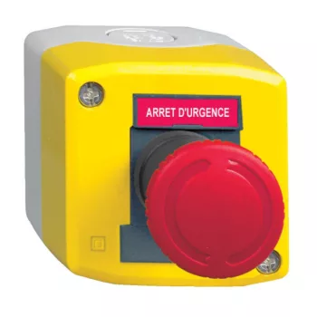   Schneider XALK1741 Harmony XALK tokozott vészgomb, sárga, 1 piros gombafejű nyomógomb, Ø 40, forgatásra kioldó, 1NC, ARRET D'URGENCE jelölés