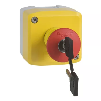   Schneider XALK188G Harmony XALK tokozott vészgomb, sárga, 1 piros gombafejű azonnali nyomógomb, kulccsal kioldó, 2NC+1NO, felirat nélkül