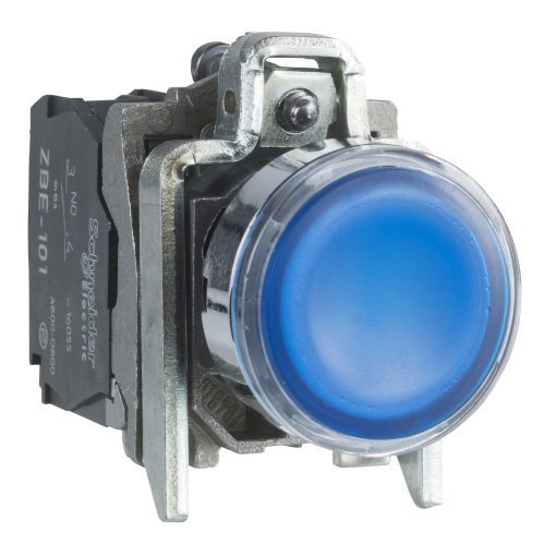 Schneider XB4BW36B5 komplett világító nyomógomb beépített LED-del kék, 24V AC/DC 1 záró + 1 nyitó érintkező (Harmony XB4BW36B5)