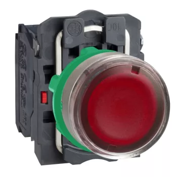   Schneider XB5AW34M5C0 Harmony komplett műanyag LED világító nyomógomb, Ø22, visszatérő, 1NO+1NC, 230VAC, piros, szürke körgyűrű