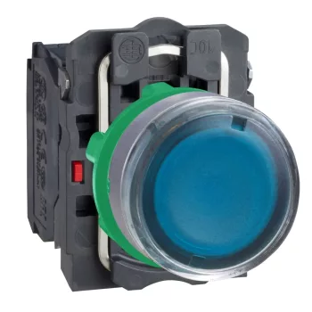   Schneider XB5AW36M5C0 Harmony komplett műanyag LED világító nyomógomb, Ø22, visszatérő, 1NO+1NC, 230VAC, kék, szürke körgyűrű