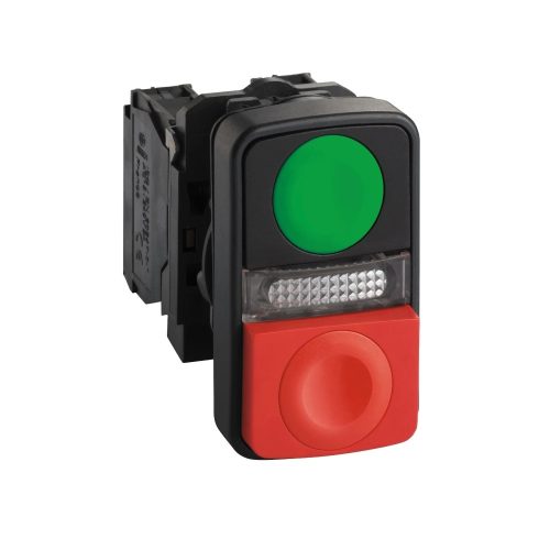 Schneider XB5AW73731G5 zöld sülly./piros kiálló világító kétfejű nyomógomb Ø22 1NO+1NC 110..120V AC (Harmony XB5AW73731G5)