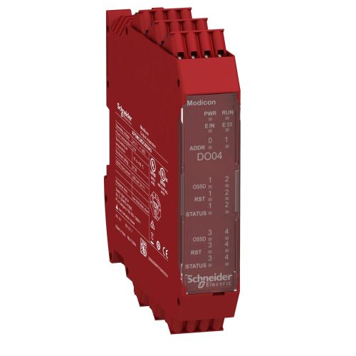 Schneider Electric XPSMCMDO0004G Preventa XPS MCM biztonsági vezérlő, biztonsági bővítő I/O modul, 4DO + 4DO (státusz) + 4DI (start/restart), rugós