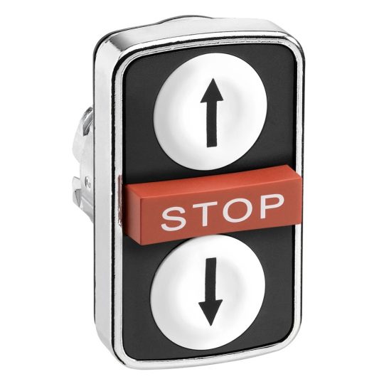 Schneider ZB4BA71114 Harmony fém kettősfejű nyomógomb fej, Ø22, visszatérő, 1-1 fehér fel/le nyíl nyomógomb, piros kiemelkedő STOP gomb Schneider ZB4BA71114 Harmony fém kettősfejű nyomógomb fej, Ø22, visszatérő, 1-1 fehér fel/le nyíl nyomógomb, piros kiemelkedő STOP gomb