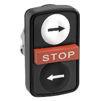 Schneider ZB4BA711237 Harmony fém kettősfejű nyomógomb fej, Ø22, visszatérő, 1-1 fehér/fekete jobb/bal nyíl nyomó, piros STOP, fekete perem Schneider ZB4BA711237 Harmony fém kettősfejű nyomógomb fej, Ø22, visszatérő, 1-1 fehér/fekete jobb/bal nyíl nyomó, piros STOP, fekete perem