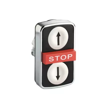   Schneider ZB4BA71124 Harmony fém kettősfejű nyomógomb fej, Ø22, visszatérő, 1-1 fehér/fekete fel/le nyíl nyomógomb, piros kiemelkedő STOP