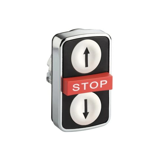 Schneider ZB4BA71124 Harmony fém kettősfejű nyomógomb fej, Ø22, visszatérő, 1-1 fehér/fekete fel/le nyíl nyomógomb, piros kiemelkedő STOP Schneider ZB4BA71124 Harmony fém kettősfejű nyomógomb fej, Ø22, visszatérő, 1-1 fehér/fekete fel/le nyíl nyomógomb, piros kiemelkedő STOP