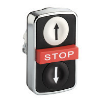 Schneider ZB4BA721247 Harmony fém kettősfejű nyomógomb fej, Ø22, visszatérő, 1-1 fehér/fekete fel/le nyíl nyomógomb, piros STOP, fekete perem Schneider ZB4BA721247 Harmony fém kettősfejű nyomógomb fej, Ø22, visszatérő, 1-1 fehér/fekete fel/le nyíl nyomógomb, piros STOP, fekete perem