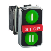 Schneider ZB4BA731327 Harmony fém kettősfejű nyomógomb fej, Ø22, visszatérő, 1-1 zöld I/II nyomógomb, piros kiemelkedő STOP gomb, fekete perem Schneider ZB4BA731327 Harmony fém kettősfejű nyomógomb fej, Ø22, visszatérő, 1-1 zöld I/II nyomógomb, piros kiemelkedő STOP gomb, fekete perem