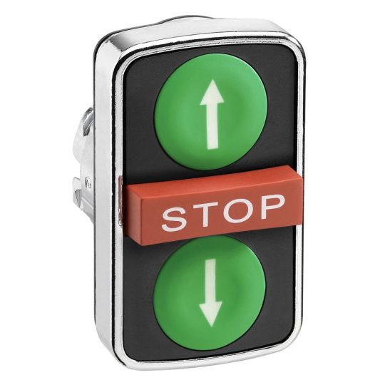 Schneider ZB4BA731347 Harmony fém kettősfejű nyomógomb fej, Ø22, visszatérő, 1-1 zöld fel/le nyíl nyomógomb, piros STOP gomb, fekete perem Schneider ZB4BA731347 Harmony fém kettősfejű nyomógomb fej, Ø22, visszatérő, 1-1 zöld fel/le nyíl nyomógomb, piros STOP gomb, fekete perem