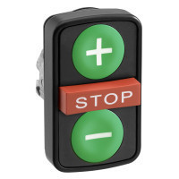 Schneider ZB4BA731357 Harmony fém kettősfejű nyomógomb fej, Ø22, visszatérő, 1-1 zöld +/- nyomógomb, piros kiemelkedő STOP gomb, fekete perem Schneider ZB4BA731357 Harmony fém kettősfejű nyomógomb fej, Ø22, visszatérő, 1-1 zöld +/- nyomógomb, piros kiemelkedő STOP gomb, fekete perem