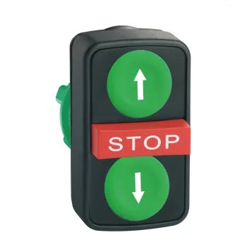   Schneider ZB5AA73134 Harmony műanyag kettősfejű nyomógomb fej, Ø22, visszatérő, 1-1 zöld fel/le nyíl nyomógomb, piros kiemelkedő STOP gomb