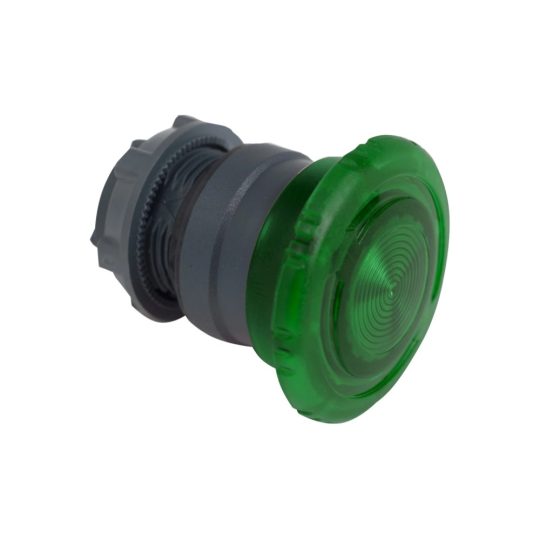 Schneider ZB5AW733 Harmony műanyag világító nyomógomb fej, Ø22, forgatásra kioldó, Ø40 gombafejű, beépített LED-hez, zöld Schneider ZB5AW733 Harmony műanyag világító nyomógomb fej, Ø22, forgatásra kioldó, Ø40 gombafejű, beépített LED-hez, zöld
