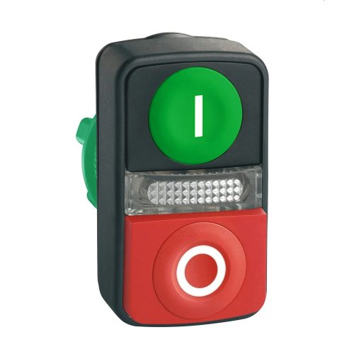 Schneider ZB5AW7L3741 Harmony műanyag világító kettősfejű nyomógomb fej, Ø22, visszatérő, 1 zöld "I", 1 kiálló piros "O" nyomógomb