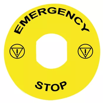   Schneider ZBY8330 Harmony sárga köralakú felirati tábla, Ø90, vészleállítóhoz, logóval, EMERGENCY STOP