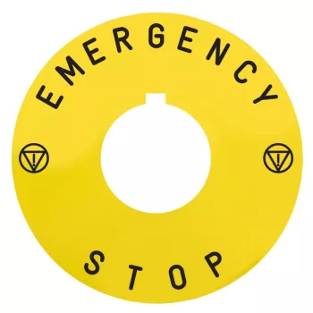   Schneider ZBY9142 Harmony sárga köralakú felirati tábla, Ø60, XB5AS84449 / XB5AS86449B4 vészleállítóhoz, logóval, EMERGENCY STOP