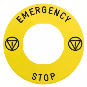   Schneider ZBY9330T Harmony sárga köralakú felirati tábla, Ø60, vészleállítóhoz, ZBZ3605 védőgallérhoz, logóval, EMERGENCY STOP