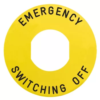   Schneider ZBY9360 Harmony sárga köralakú felirati tábla, Ø60, ZB5AW743 vészkapcsolóhoz, EMERGENCY SWITCHING OFF