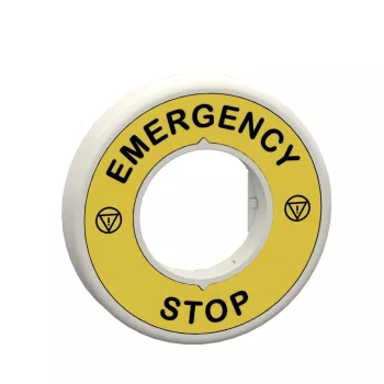   Schneider ZBY9W2G330 Harmony világító felirati körgyűrű vészleállítóhoz, piros, 120VAC, vészleállító logóval, "EMERGENCY STOP"