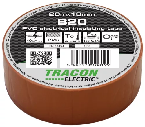 Tracon, B20, szigetelőszalag, barna, 20 m x 18 mm, PVC, 0-90°C Tracon (B20)
