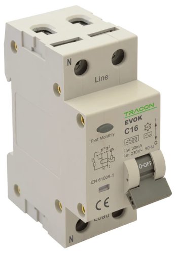 Tracon EVOK2C1003 Áramvédős kismegszakító (Kombi Fi-relé) 1P+N, C karakterisztika, 10A, 30mA, 4,5kA, AC osztály, 2 modul