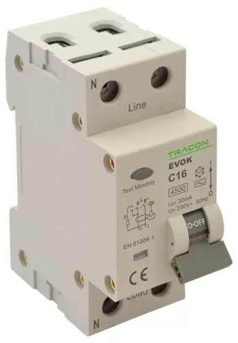 Tracon EVOK2C1603 Áramvédős kismegszakító (Kombi Fi-relé) 1P+N, C karakterisztika, 16A, 30mA, 4,5kA, AC osztály, 2 modul