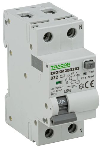 Tracon EVOKM2B2003 Áramvédős kismegszakító (Kombi Fi-relé) 1P+N, B karakterisztika, 20A, 30mA, 6kA, AC osztály, 2 modul