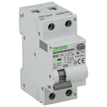   Tracon EVOKM2B4003 Áramvédős kismegszakító (Kombi Fi-relé) 1P+N, B karakterisztika, 40A, 30mA, 6kA, AC osztály, 2 modul