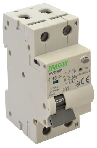 Tracon EVOKM2B4003 Áramvédős kismegszakító (Kombi Fi-relé) 1P+N, B karakterisztika, 40A, 30mA, 6kA, AC osztály, 2 modul