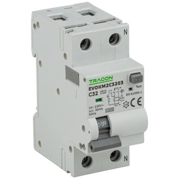  Tracon EVOKM2C1003 Áramvédős kismegszakító (Kombi Fi-relé) 1P+N, C karakterisztika, 10A, 30mA, 6kA, AC osztály, 2 modul