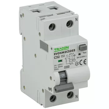Tracon EVOKM2C3203 elektromechanikus kombinált védőkapcsoló FI-LS AC 2P C 32A