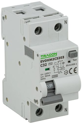 Tracon EVOKM2C3203 Áramvédős kismegszakító (Kombi Fi-relé) 1P+N, C karakterisztika, 32A, 30mA, 6kA, AC osztály, 2 modul