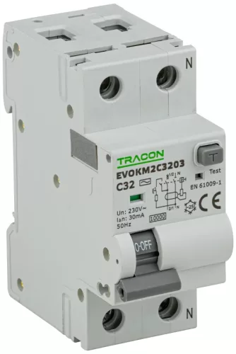Tracon EVOKM2C3203 elektromechanikus kombinált védőkapcsoló FI-LS AC 2P C 32A