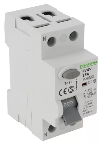 Tracon EVOV2P401 Áram-védőkapcsoló (Fi-relé), AC osztály, 2P, 40A, 100 mA
