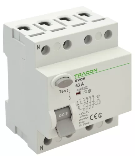 Tracon EVOV4P253 Áram-védőkapcsoló (Fi-relé), AC osztály, 4P, 25A, 300 mA
