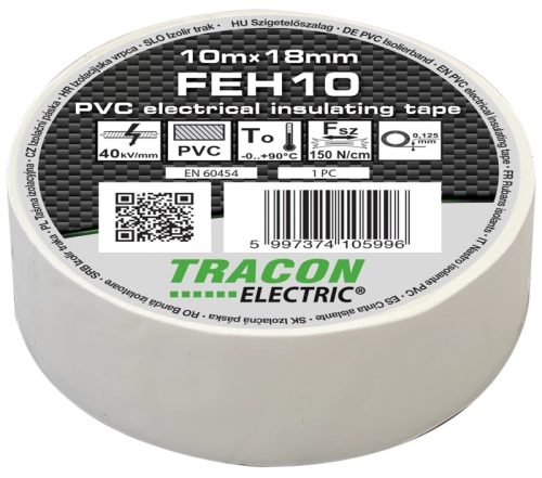 Tracon, FEH10, szigetelőszalag, fehér, 10 m x 18 mm, PVC, 0-90°C Tracon (FEH10)