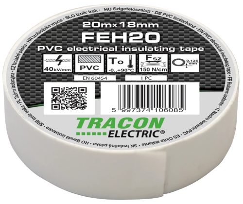 Tracon, FEH20, szigetelőszalag, fehér, 20 m x 18 mm, PVC, 0-90°C Tracon (FEH20)