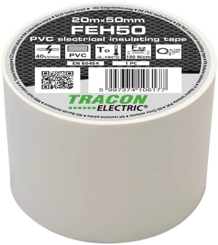 Tracon, FEH50, szigetelőszalag, fehér, 20 m x 50 mm, PVC, 0-90°C Tracon (FEH50)