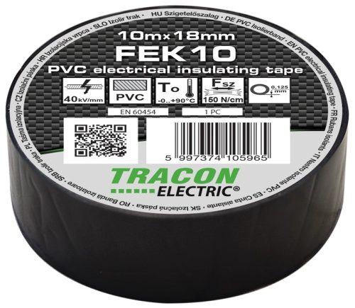 Tracon, FEK10, szigetelőszalag, fekete, 10 m x 18 mm, PVC, 0-90°C Tracon (FEK10)