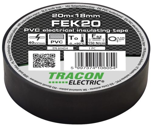 Tracon, FEK20, szigetelőszalag, fekete, 20 m x 18 mm, PVC, 0-90°C Tracon (FEK20)