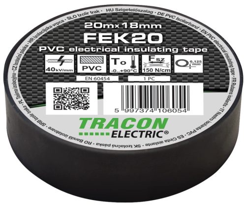Tracon FEK20 (250db/karton), szigetelőszalag, fekete, 20 m x 18 mm, PVC, 0-90°C Tracon (FEK20)